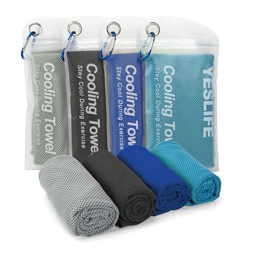 YESLIFE 4 Pack Cooling Towel 40"x12", Gym Towels for Men and Women, Soft Breathable Workout Towels for Yoga, Running, Sport, & More (Black, Dark Blue, Blue, Grey)