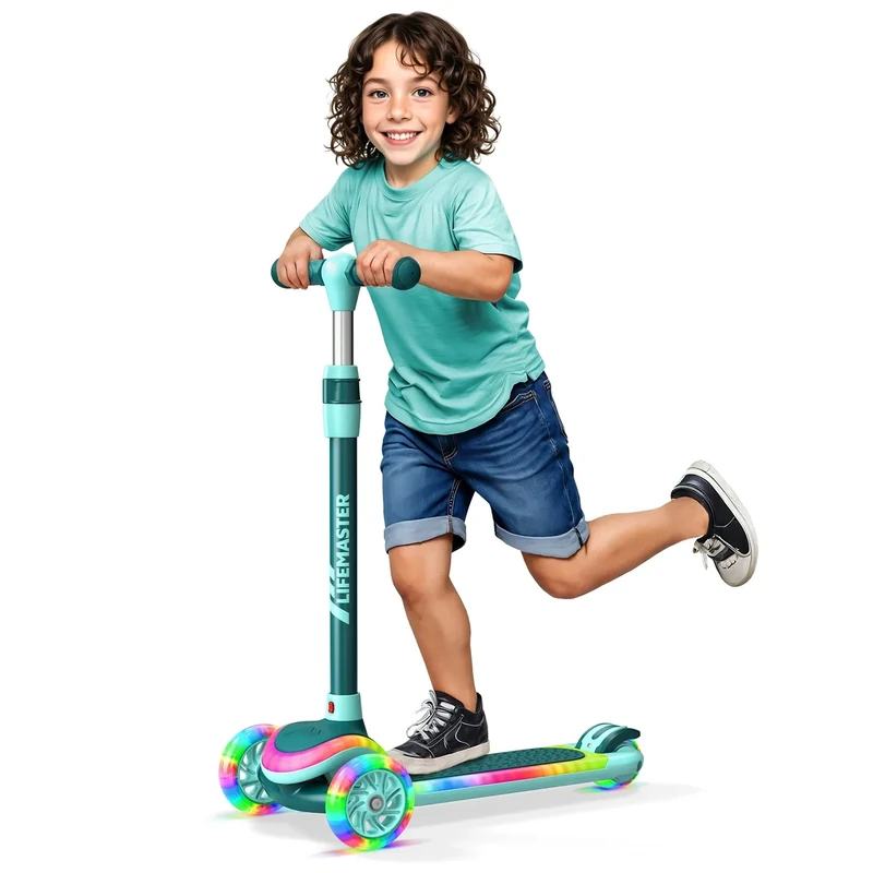 Lifemaster 3-Wheel Kids Scooter with Multi-Color Lights on Deck & Wheels – 5-Height Adjustable Handlebar, Wide Anti-Slip Deck, Child Safety Certified, Boys & Girls Ages 3+ Supports Up to 150 lbs, Aqua