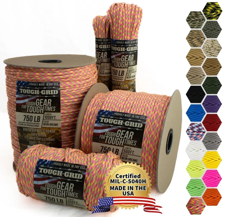 TOUGH-GRID 750 Paracord Military Grade Nylon Rope - Type IV Mil-Spec Made in USA - 1000 Ft Neon Dreams Tactical Survival Cord