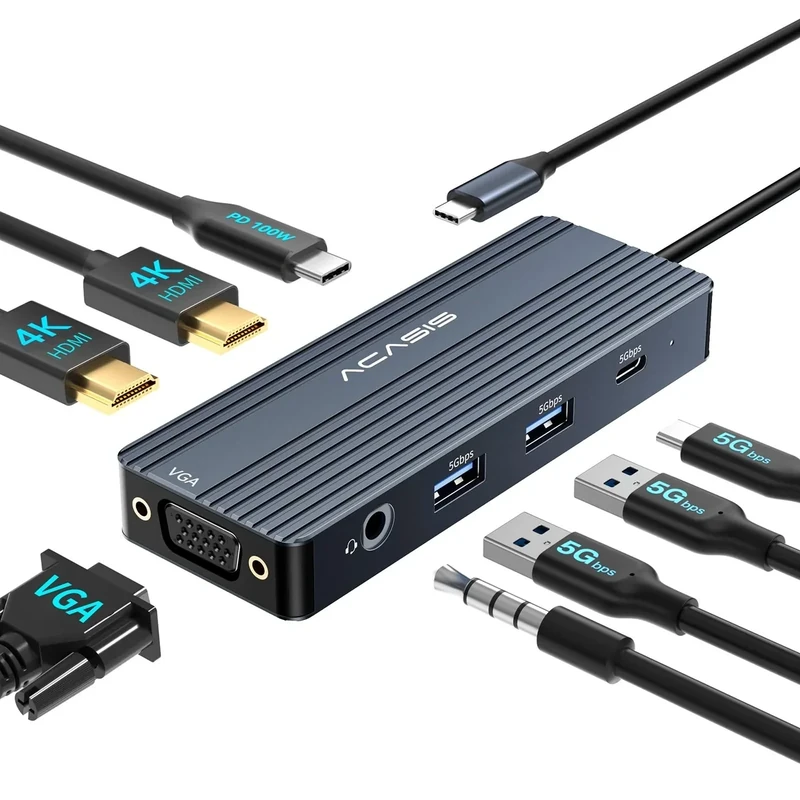 ACASIS USB C Docking Station Dual Monitors,8-in-1 Laptop Docking Station with Dual HDMI +VGA +2 * 5G USB-A/C+3.5MM Audio+PD100W, USB C HUB multiport Adapter for Dell/HP/Lenovo ThinkPad（Gray）
