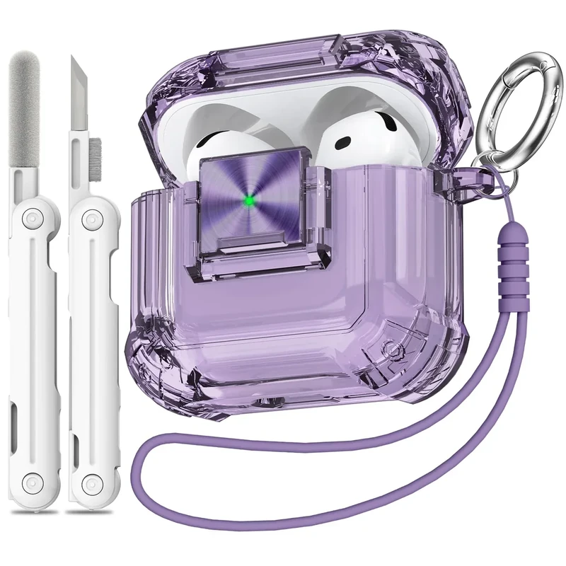 Wowwat Safety Lock AirPods 4 Case - Purple Clear with Bling Keychain