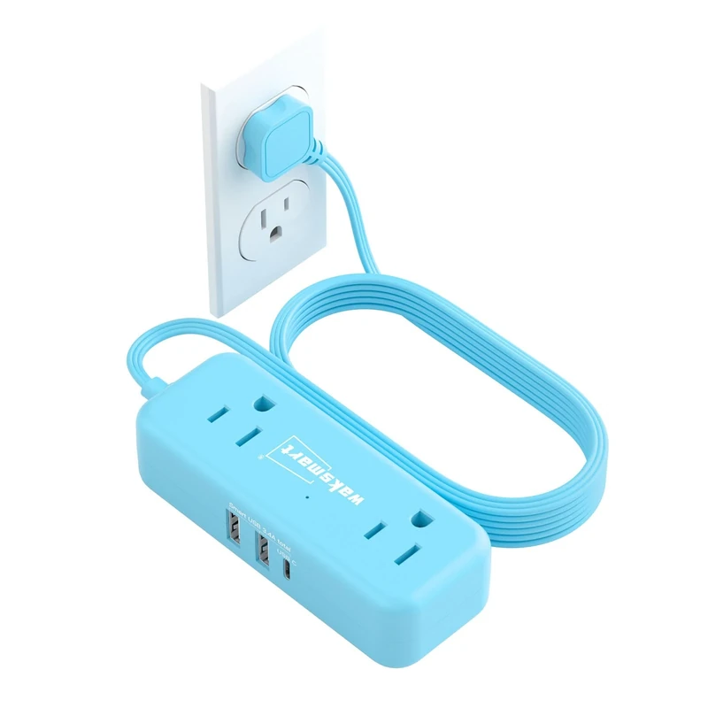 Waksmart Blue 5ft Flat Plug Power Strip - 4 Outlets & 3 Fast USB Ports