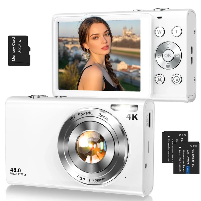 Lecnippy 48MP 4K Camera - 16X Zoom, Anti-Shake, 2 Batteries White