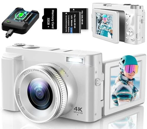 4K Digital Camera for Photography, UHD Autofocus 48MP 180° Flip Screen 16X Zoom Compact Point Shoot Vlogging Camera for YouTube with 2 Batteries, 32GB Card (Beige)