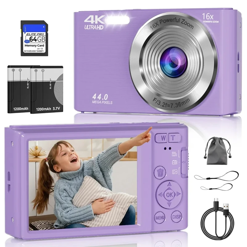 ceye 44MP 4K Camera - 16X Zoom, 3-LED Flash, 64GB SD Card, Purple