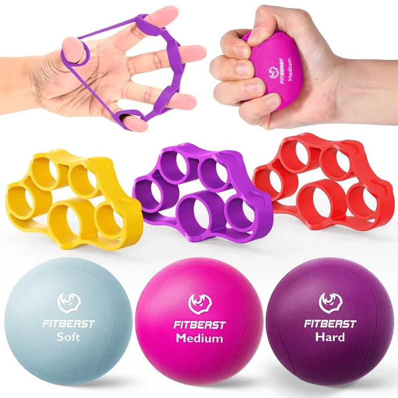 FitBeast Grip Strength Trainer – 6 Pieces Hand Therapy Kit with Finger Extension Exerciser & Stress Balls for Adults, Rehab & Strength Training – for Men, Women, and Seniors (6-Piece Bright Tones)