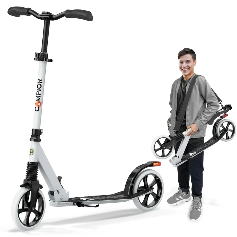 Campior Kick Scooter for Ages 6+, for Kids, Teens, and Adults, Max Load 240 LBS, Foldable, 8-inch Big Wheels for Kids and Adults, with Kickstand, 3 Adjustable Levels, Child Safety Approved, White