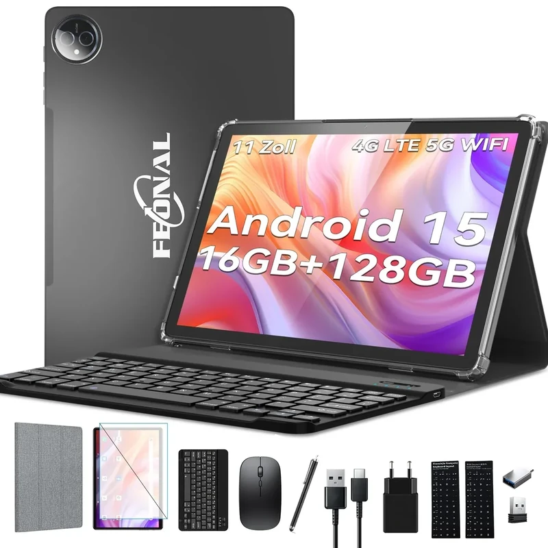 FEONAL Android 14 Tablet with 13MP+8MP Camera, 5G WiFi, 2 in 1 Tablet with Keyboard, Case