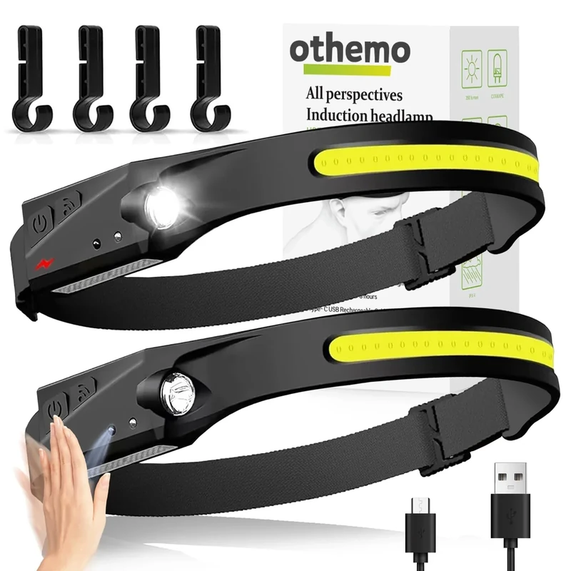 Othemo230 LED Headlamp, 230° Wide Beam Head Lamp, Motion Sensor LED Headlamp Rechargeable, 5Mode Headlamps for Adults, Bright Head Lights for Forehead, Hard Hat Headlight, Camping Essentials Gear 2Pcs