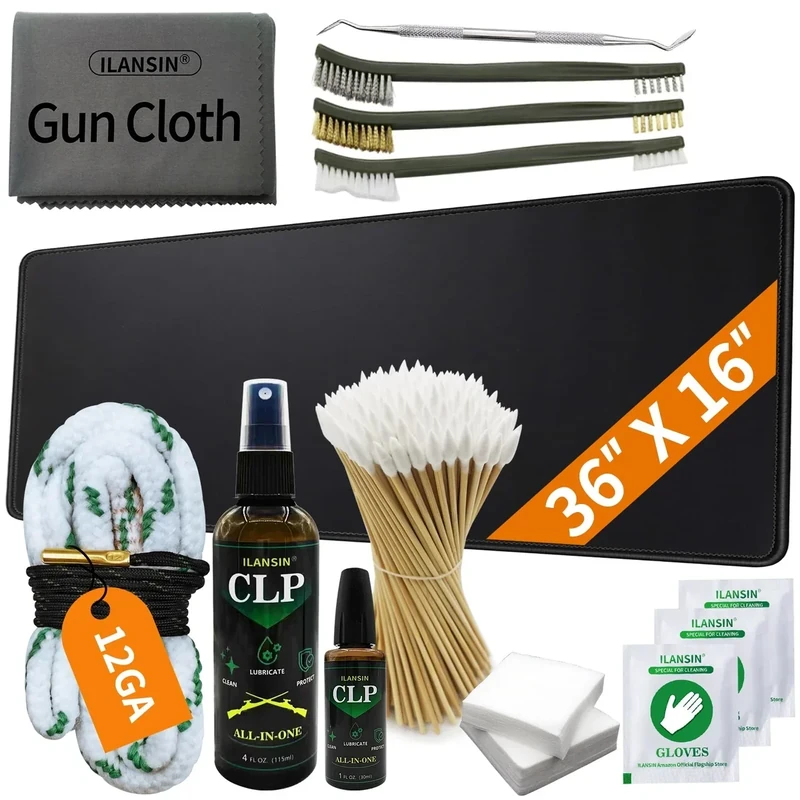 ILANSIN Large Mat(36"x 16")+ Universal 12GA Bore Cleaner+ CLP Oil Gun Cleaning Kits, Gun Cleaning Supplies with Gun Snake,Gun Cleaning Patches, Long Swabs,Gun Brushes,Cleaning Picks,Gun Cloths,Gun Pad