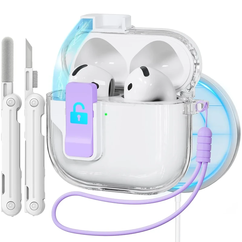 Wowwat Lock for AirPods 4 Case - MagSafe, Pop-Up Lid, Lanyard - Purple