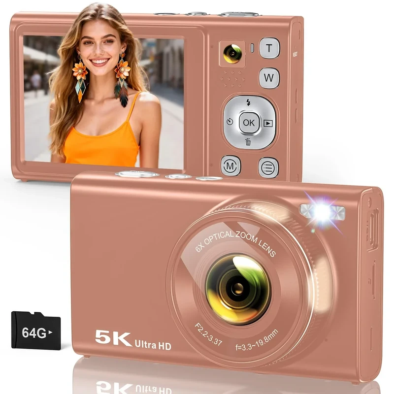 5K Digital Camera for Photography with 6X Optical Zoom, Autofocus 96MP Vlogging Camera for YouTube Video with Dual-Lens, Compact Point and Shoot Travel Cameras for Beginners with 64GB Card & Flash