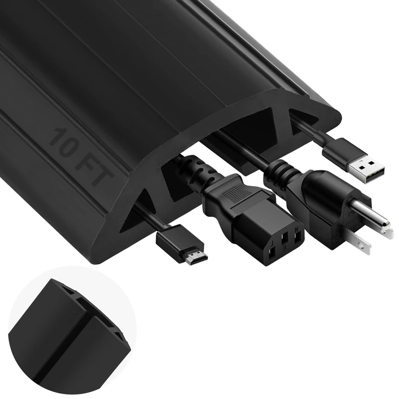 MYFAMIREA 10FT Floor Cord Cover Heavy Duty Cable Cover Protector 3 Channels Extension PVC Floor Wire Cover Outdoor Cord Hider Management Cord Cover for Wire on Floor for Home Office Outdoor, Black