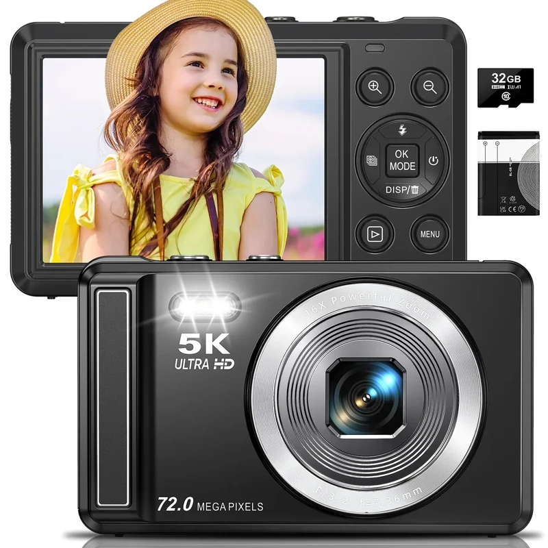 5K Digital Camera - 72MP UHD Digital Cameras for Photography - Autofocus Point and Shoot Small Camera with Flash for Kids - 2.8 Inch Screen Compact Portable Vlogging Camara with 16X Zoom, 32GB SD Card - Image 1