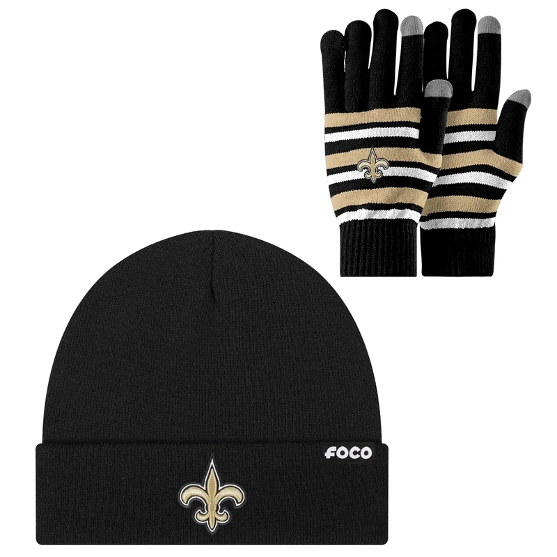 FOCO New Orleans Saints NFL Stretch Gloves & Basic Primary Logo Primary Color Beanie - Black - Bundle