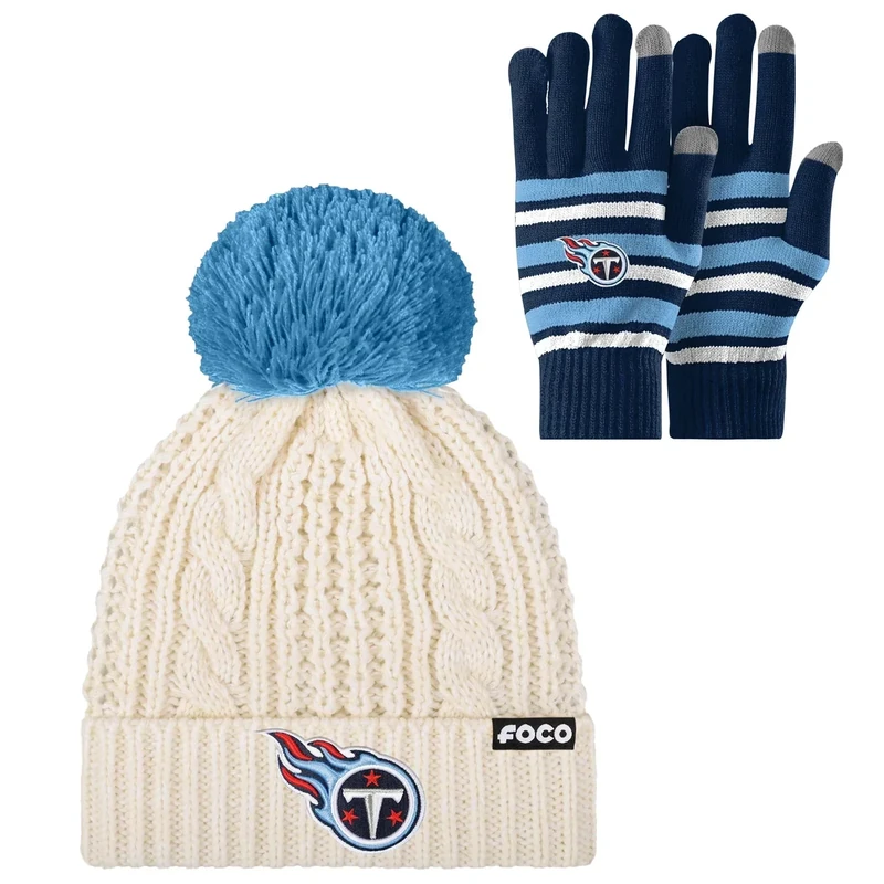 FOCO Tennessee Titans NFL Stretch Gloves & Primary Logo White Cable Knit Pom Beanie - Bundle