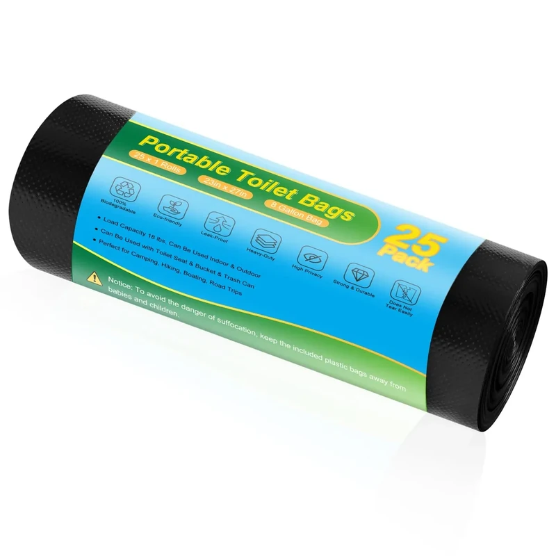 Portable Toilet Bags - 25 PCS Camping Toilet Bags, 8 Gallon Biodegradable Travel Potty Liners, Thickened Camp Toilet Waste Bags for 5 Gallon Bucket, Compostable Trash Bag