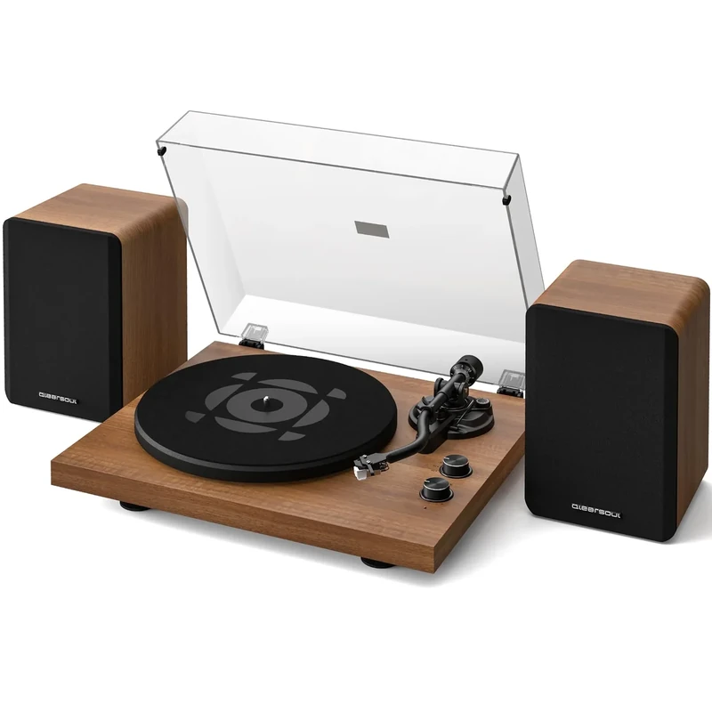 QLEARSOUL SoulBox S1 Vinyl Record Player with Stereo Speakers, Turntable with Built-in Preamp, S-Shaped Tonearm, 33/45 RPM - Walnut