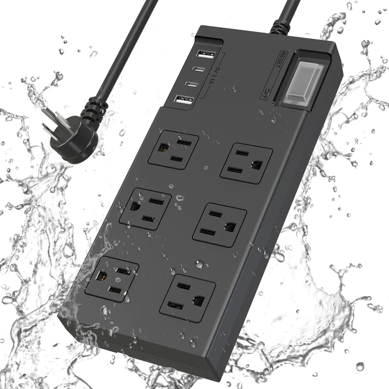 Outdoor Power Strip Weatherproof, KPQ IPX6 Waterproof Surge Protector with 6 Outlets, 2 USB A & 2 USB C, 6FT Extension Cord, Wall Mountable for Home, Office, Dorm, Patio, FCC UL Listed