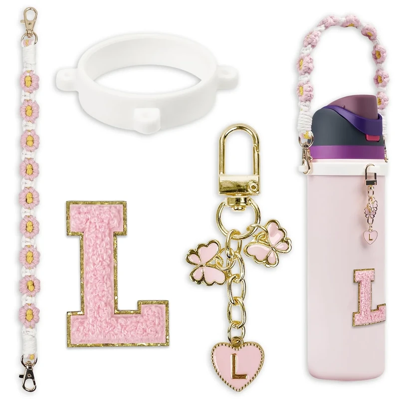 SITKOL Cute Letter Charm Set for Owala 24 oz, 32 oz, 40 oz Water Bottles & Coffee Tumblers - Includes Handle Strap, Compatible with Owala Free Sip and Stanley Cup Accessories (Pink, L)