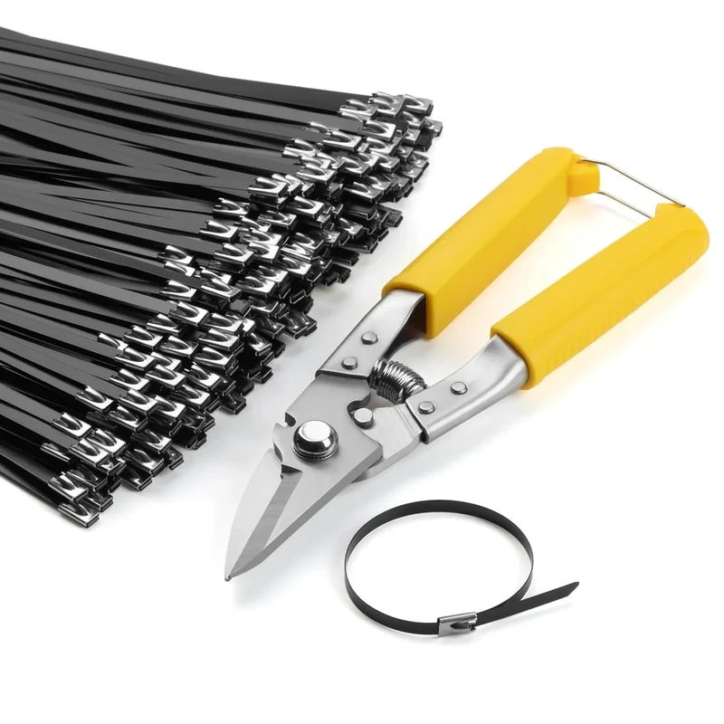 BethTie 300 PCS Black 11.8 Inch Metal Zip Ties with Tie Cutter, UV Resistant Stainless Steel Suitable for Fixing Fences, Pipes, Outdoor