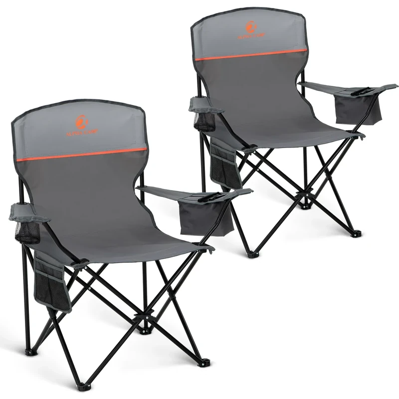ALPHA CAMP Camping Chairs 2 Pack, Heavy Duty Folding Chair with 3-Can Cooler Bag, Portable Outdoor Chair with Side Pocket & Cup Holder for Adults, Collapsible for Tailgating, Beach, Fishing,Grey