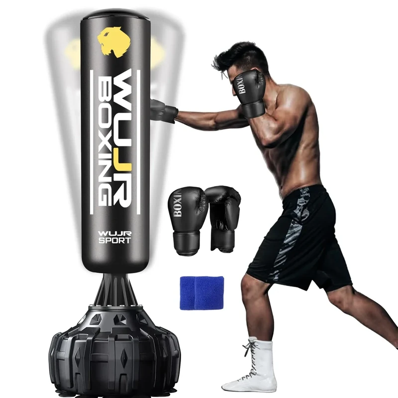 70'' Freestanding Punching Bag with Boxing Gloves Heavy Boxing Bag with Suction Cup Base for Adult Men Stand Kickboxing Bag (Black 70''，Boxing Gloves+Wrist Guard)