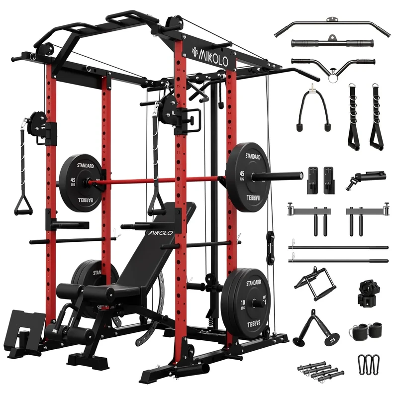 Mikolo K6 Power Cage, Power Rack with Cable Crossover System, Home Gym Packages with Weight Bench, Olympic Barbell, 230b Rubber Weight Set-Red