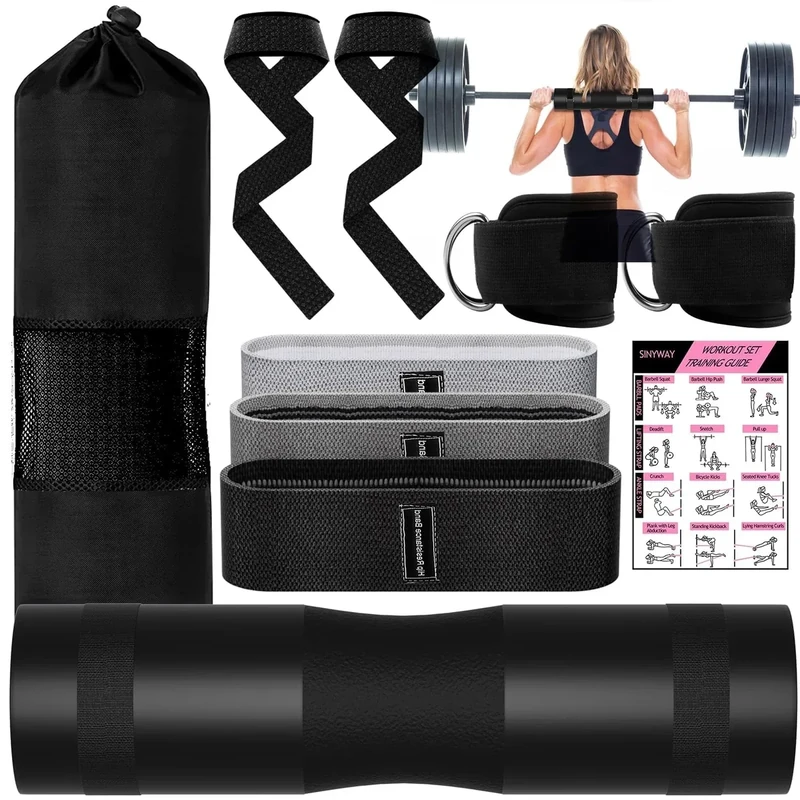 10 PCS Barbell Pad Set for Squat, Hip Thrusts Pad for Squats,Bench Press with Barbell Pad, 2 Gym Ankle Straps,3 Hip Resistance Bands,Lifting Strap,Workout Poster Gym Equipment Accessories（Black）