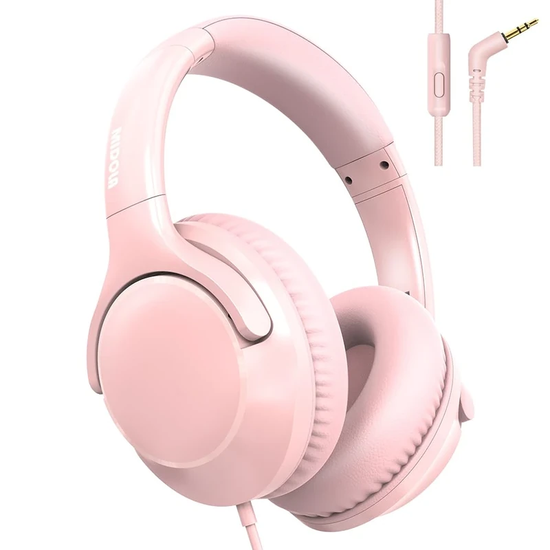 MIDOLA Wired Headphones Over-Ear Hi-Fi Sound with Microphone Adjustable Foldable, 1.5M Cord & 3.5mm Jack, Lightweight Headset for Kids Adults PC iPad Laptop Pink