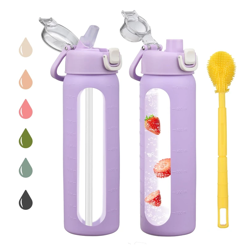 chunmo 24 oz Glass Water Bottles with 2 Lids-Handle Spout Lid & Straw Lid, Motivational Water Bottle with Time Marker and Silicone Sleeve,Leakproof-Purple-1 Pack