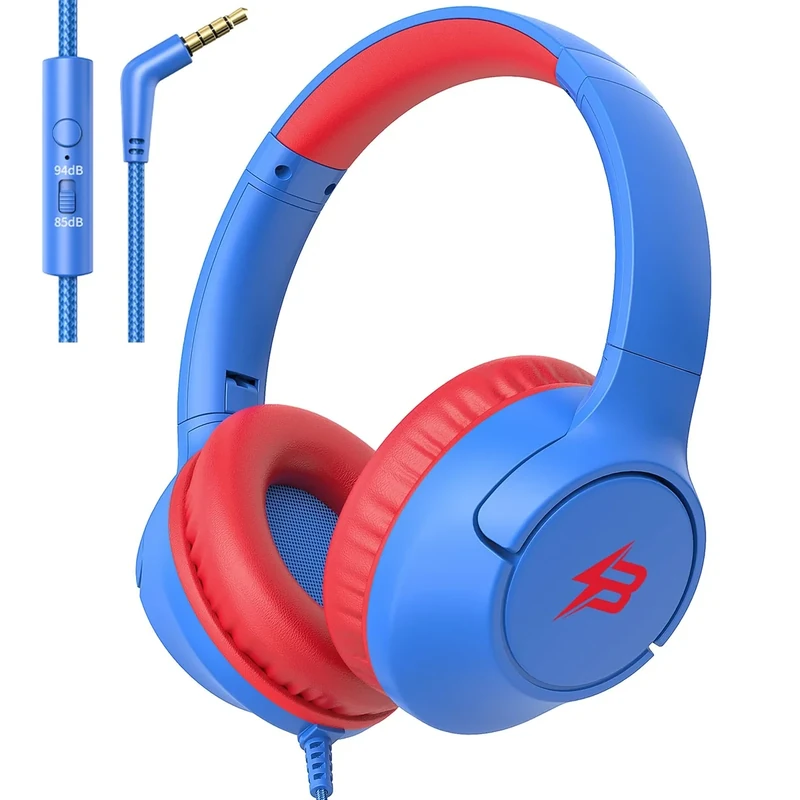 Botesy Sound Kids Headphones - 85/94dB Volume Limit, Over-Ear Mic - Blue
