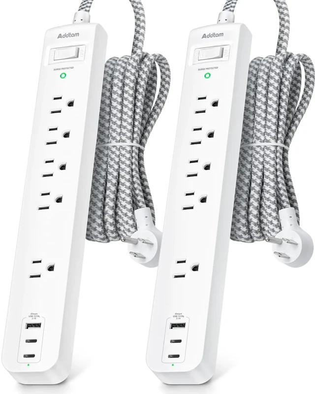 Addtam 6ft Flat Power Strip - 5 AC Outlets, 2 USB-C & 2 USB-A, White