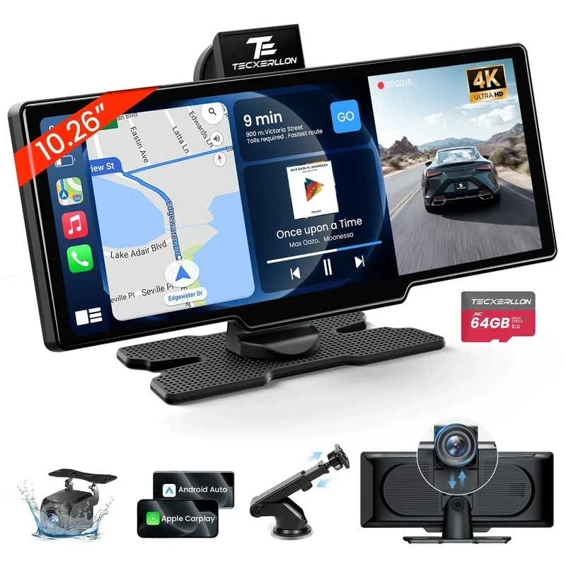 TECXERLLON 10.26" CarPlay Screen with 4K Dash Cam & 1080P Backup