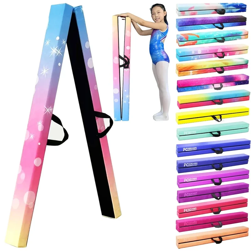 FC FUNCHEER 8FT Folding Balance Beam -Gymnastics Floor Beam -Gymnastics Equipment for Kids,Wood core- Anti-Slip Bottom and Carrying Bag for Home (Suede, Colorful Bubbles)