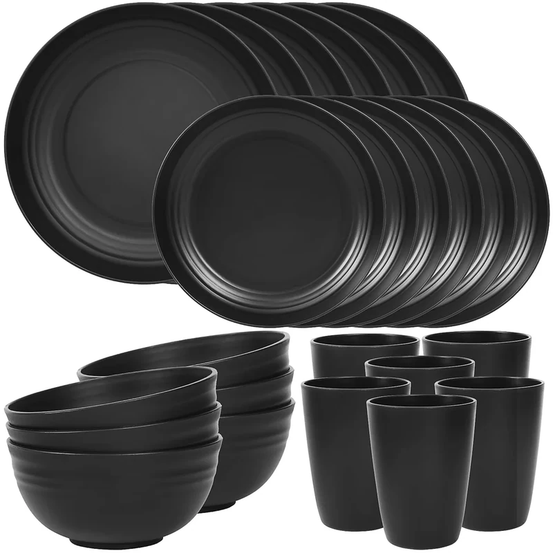 Quatish 24 Piece Plates and Bowls Sets for 6, Unbreakable Dinnerware Sets, Plastic Dish Set for Camping, Dishwasher Microwave Safe, Outdoor Kitchen and Apartment Dinning RV Essentials, Black