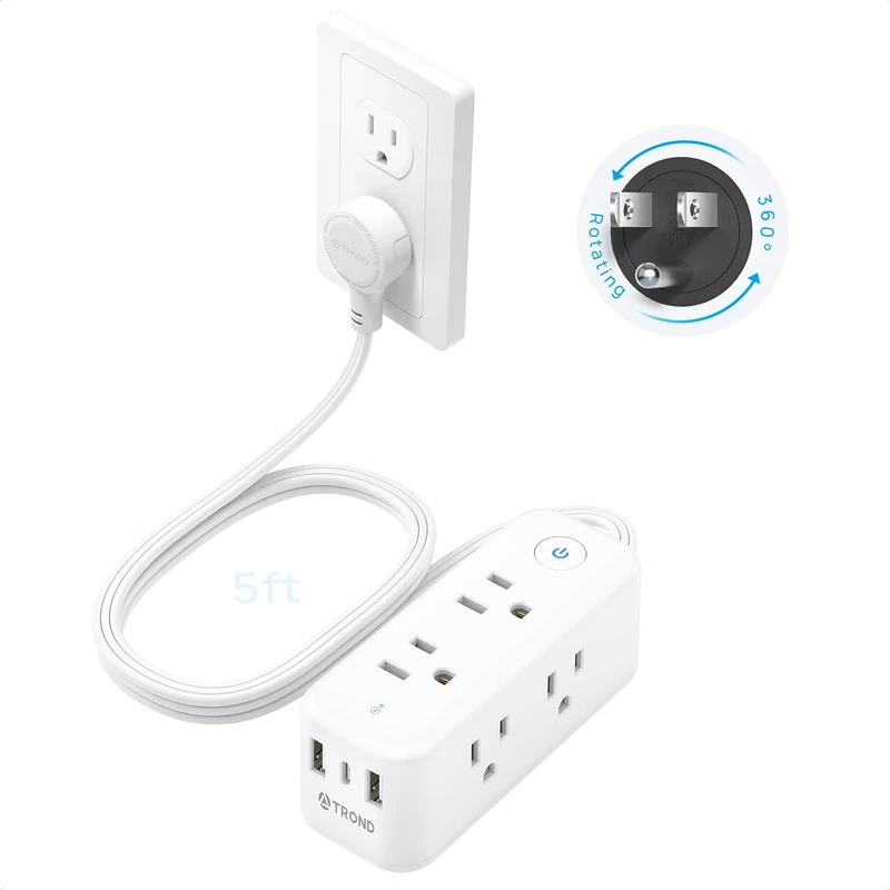 TROND 360° Rotating Flat Plug Power Strip, 6 Widely Spaced Outlets, 2 USB A and 1 USB C, 1440J Surge Protector, Wall Mountable, Extension Cord 5ft for Home Travel Office Dorm Room Essentials, White