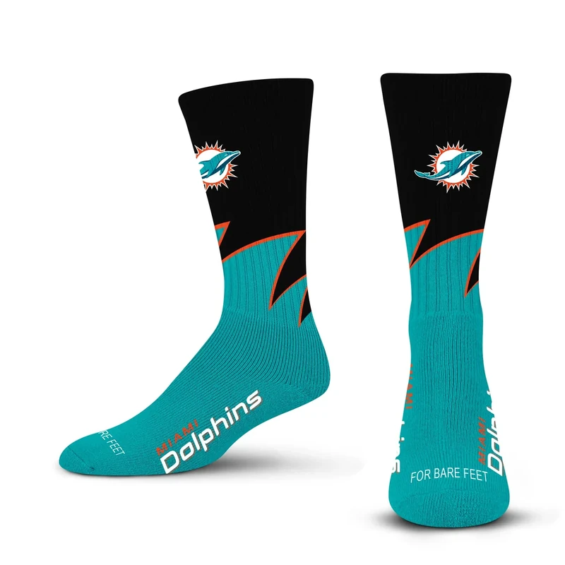 For Bare Feet NFL MIAMI DOLPHINS Black Wave Crew Sock Team Color YOUTH