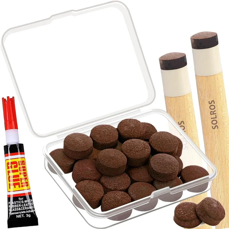 Billiard Pool Cue Tips - 11MM Leather Stick Tips Replacement Repair Accessories Kits with Storage Box, Brown Leather Glue-on Tips for Snooker Stick Top Pool Queue Table Game Bar Club House - SOLROS