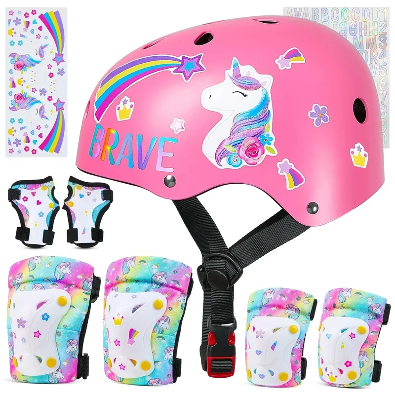 FIODAY Kids Bike Helmet, Toddler Helmet Knee and Elbow Pads Wrist Guards Adjustable Protective Gear Set with DIY Sticker for Girls 3-5-8 Years for Skateboard Inline Skating Scooter