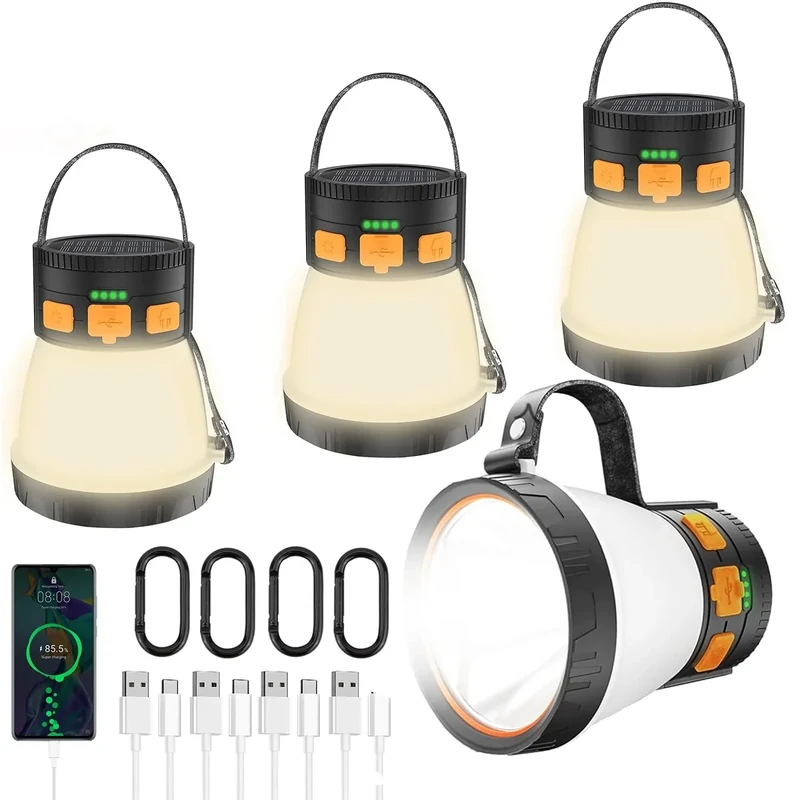 4 Pack LED Camping Lantern, 1500 Lumens Camping Lantern Rechargeable with Solar Panel Charging, Waterproof, 8 Light Modes, 7500mAh Power Bank, Camping Flashlight for Hurricane Emergency, Outdoor