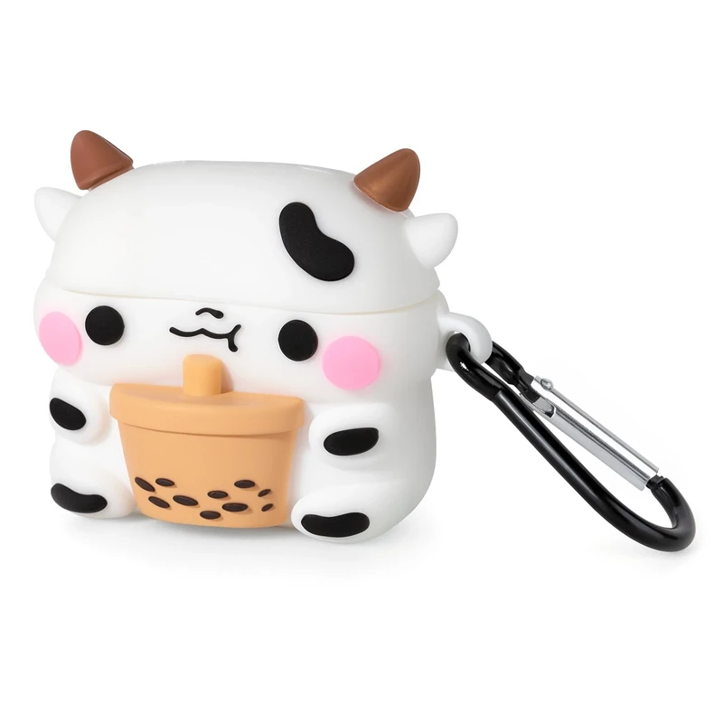 Mouzor for AirPods 4 Case, Cute Boba Tea Cow AirPods 4th Generation (2024) Case Funny 3D Cartoon Animal Heavy Duty Protection PVC Charging Cover with Carabiner for Boys Girls Women