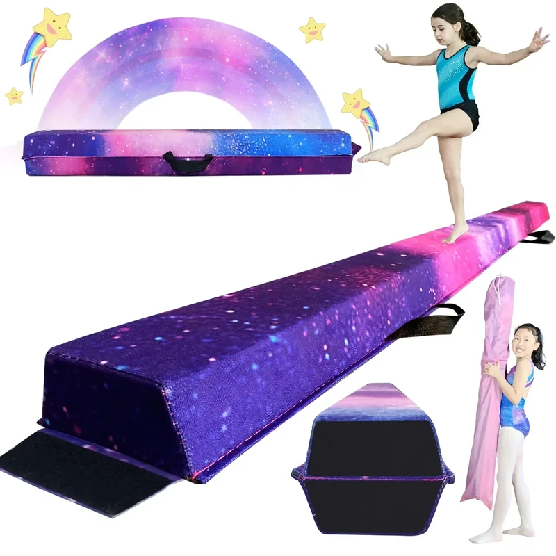 FC FUNCHEER 6FT/9FT Folding Balance Beam for Kids- Gymnastics Foam Floor Beam,Anti-Slip Bottom with Carrying Bag, Faux Suede Covered,Gymnastics Equipment for Home (Faux Suede, Magic Star, 8FT)