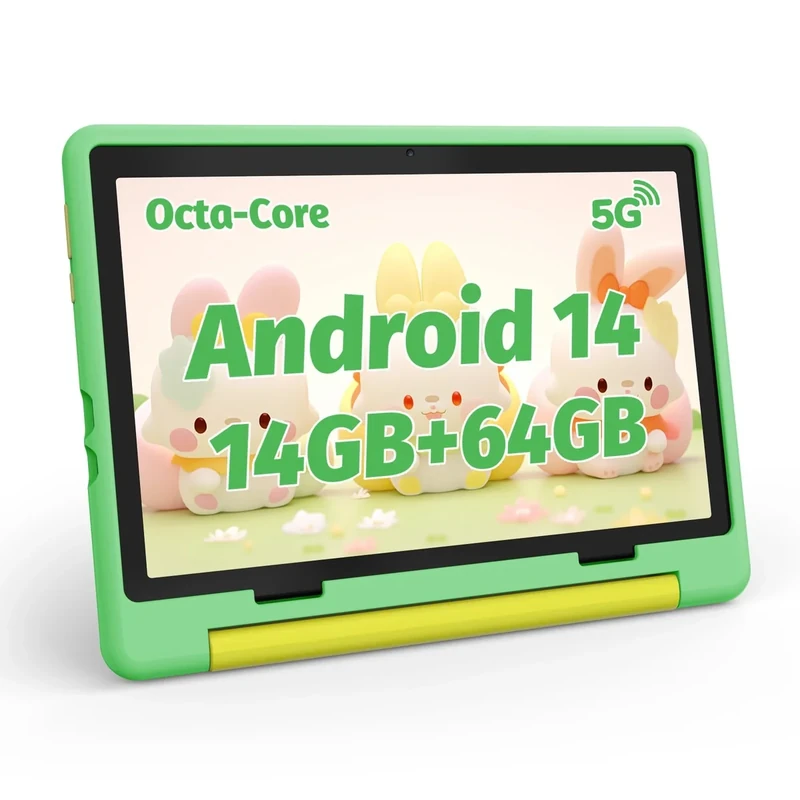 ZOFYWNAS Kids Tablet 10 Inch Android 14 Tablet for Kids Ages 3-12, Octa-Core with Case, Parental Controls,14GB+64GB Storage (TF Expand 1TB), 5G WiFi, BT5.3, Green