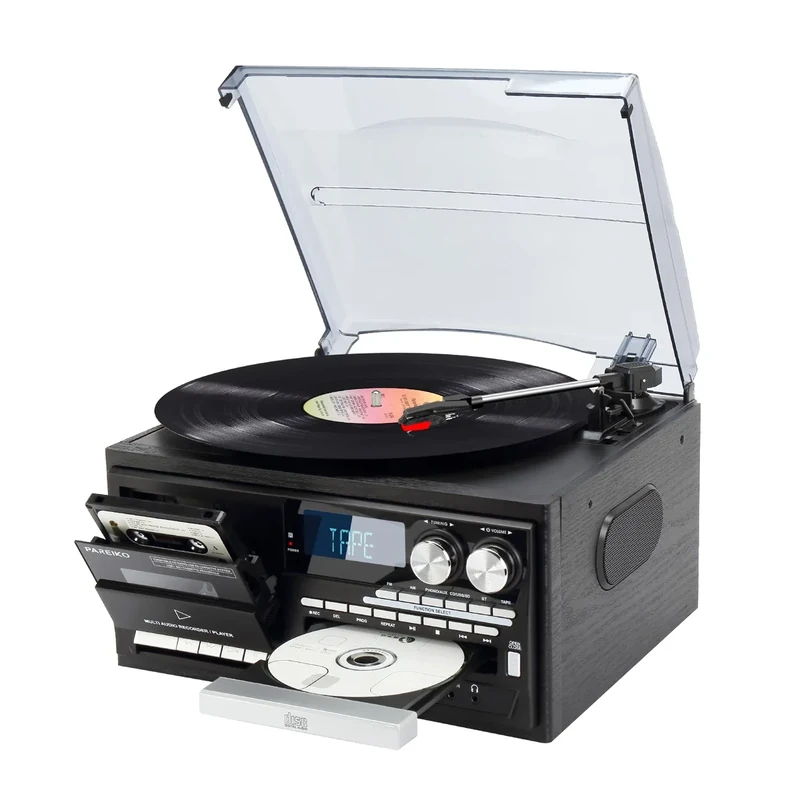 Vintage 9-in-1 Record Player Turntable with Bluetooth, AM/FM Radio, CD & Cassette Player, USB/SD Playback, Remote Control, Aux & RCA Inputs, Headphone Jack – Classic Audio System for Music Lovers
