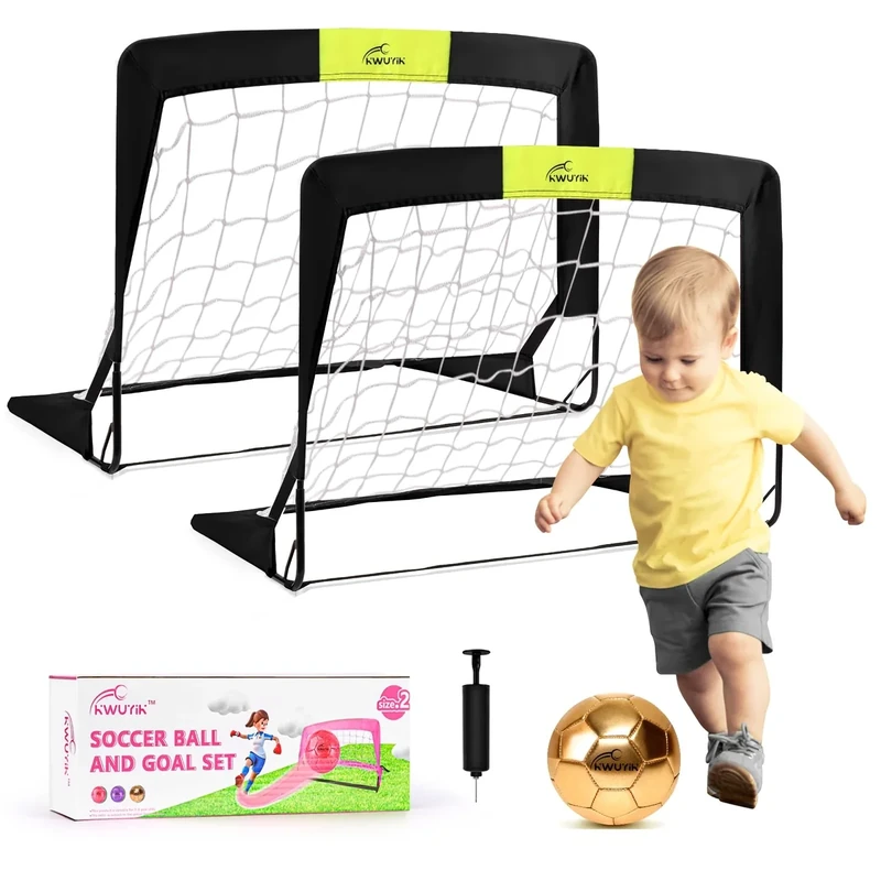 4Pcs Soccer Goals Set 2Pcs Soccer Nets 2x1.5ft 1Pcs Ball 1Pcs Pump Indoor Soccer Nets for Kids with Size 2 Toddler Soccer Ball Foldable Net with Pump Pink Purple for Children Boys Girls (Gold)