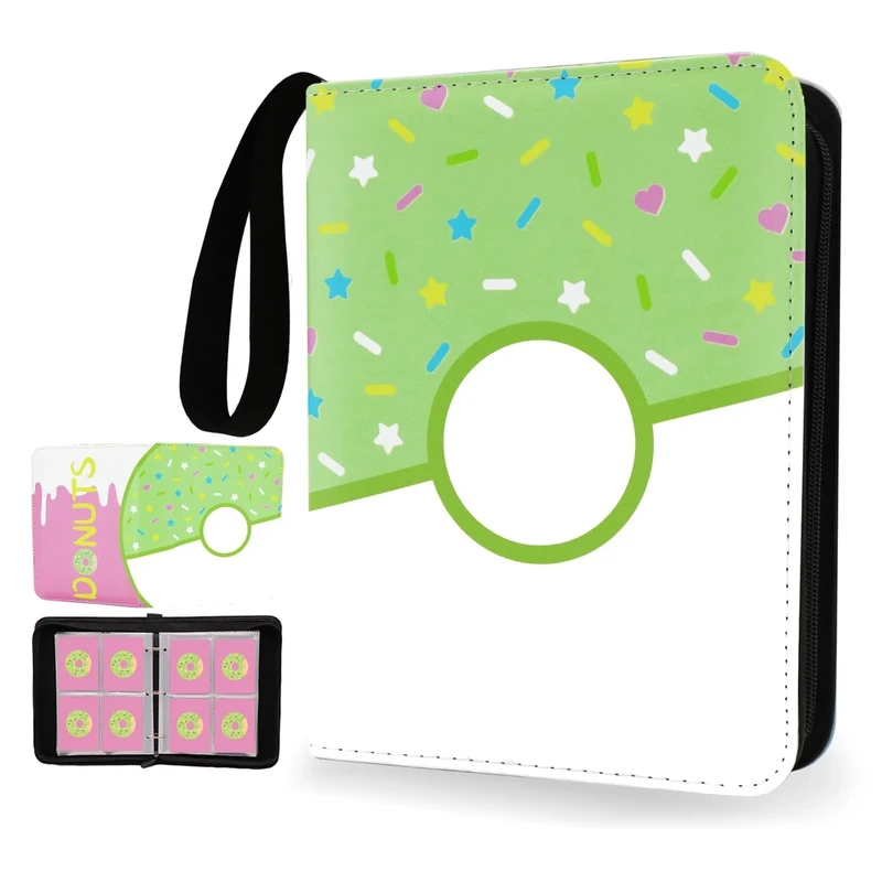 4 Pocket Card Binder 400 Card Holder Album, Pink Donut Trading Cards Holder Zipper Binder for Girl Teen Collection (Green Donut, 400 Pocket)