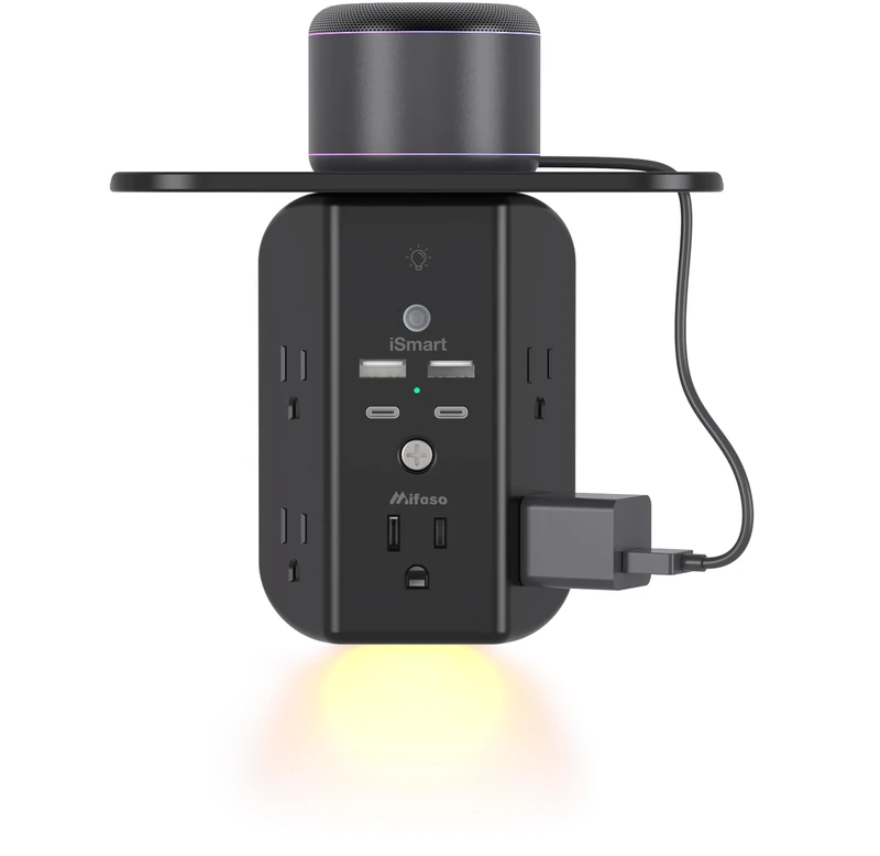 Mifaso Outlet Extender with Shelf & Night Light - 5 AC & 4 USB Ports, Surge Protector