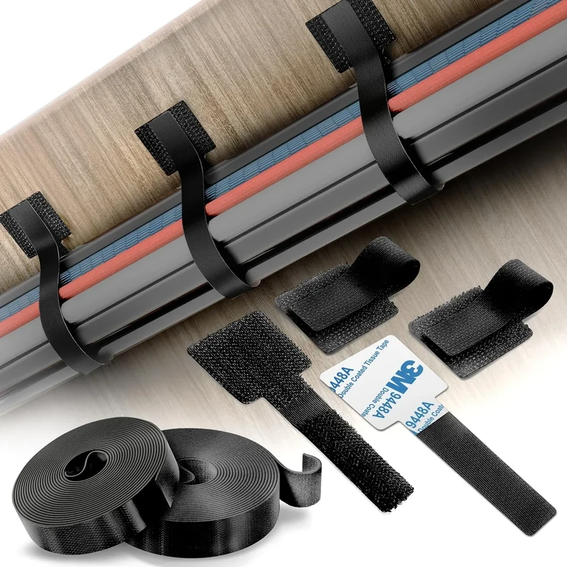 Cable Management Kit – 40 Self-Adhesive Hook and Loop Ties with 2 Extension Straps – Made with 3M Tape, Back-Sticky Cord Organizer for Under Desk, Wall, Home, Office – Adjustable Wire Holders (Black)