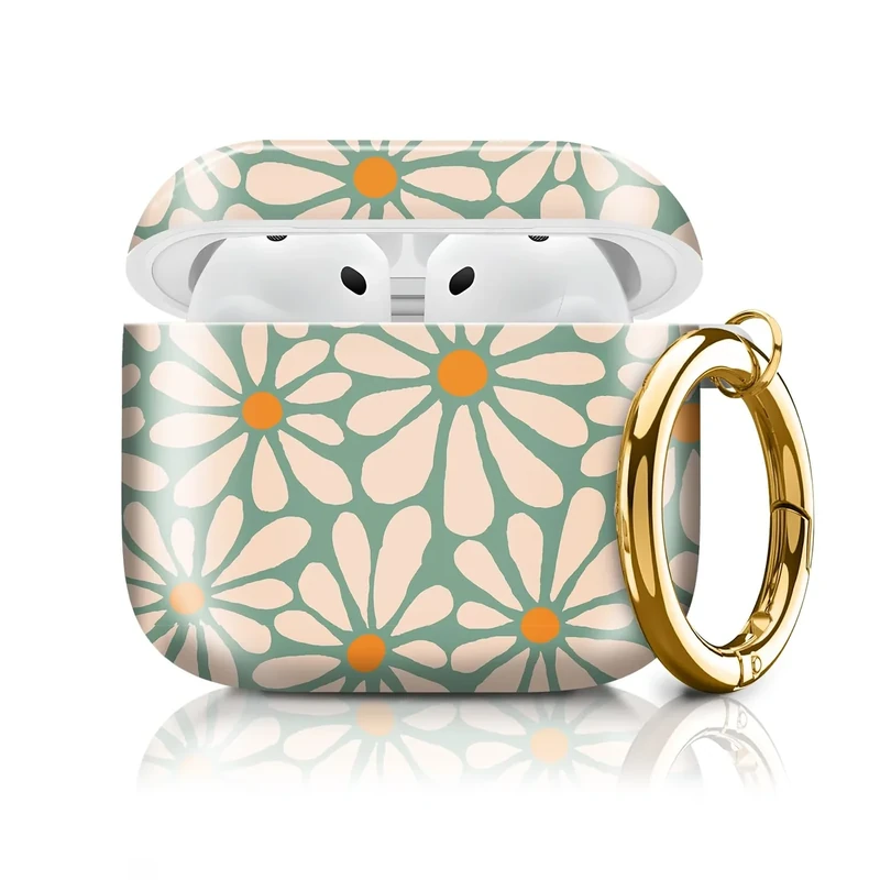 Cute Case Cover Compatible with AirPod 4th Generation 2024, Shockproof for Women & Girls with Cute Golden Round Buckle – Protective, Anti-Drop Design(Green Daisy Flowers)